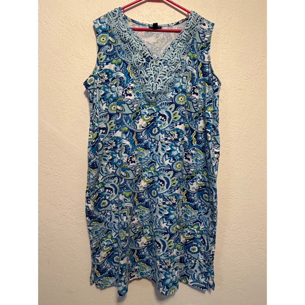Liz & Me Blue Green Paisley Crochet V-Neck Sleeveless Pocket Dress 2X 22/24W